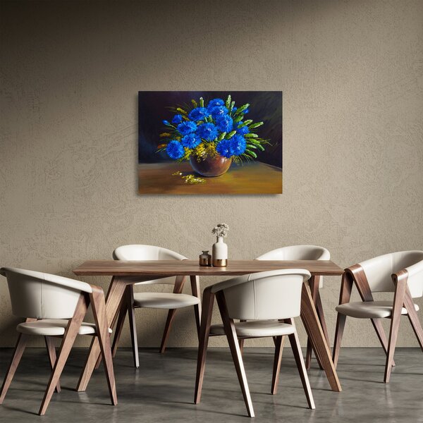Kék virágok képe egy vázában (üvegen) (70x50 cm)