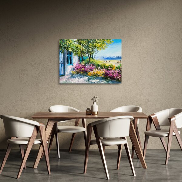 Kép a ház előtti kertről, olajfestmény (üvegen) (70x50 cm)