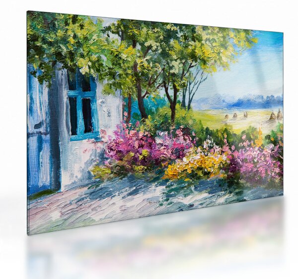 Kép a ház előtti kertről, olajfestmény (üvegen) (70x50 cm)