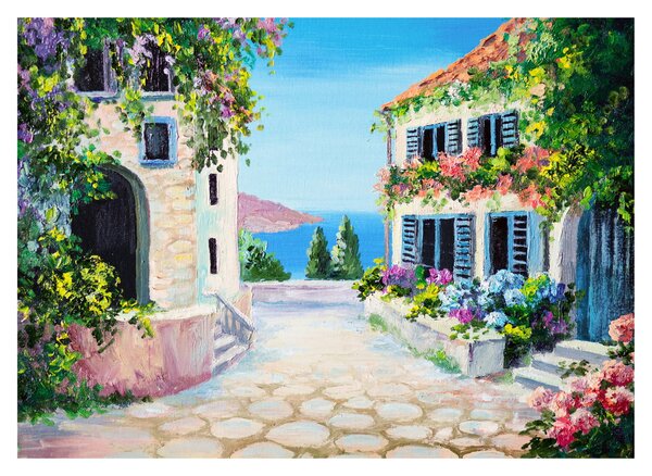 Kép - görög utca, olajfestmény (üvegen) (70x50 cm)