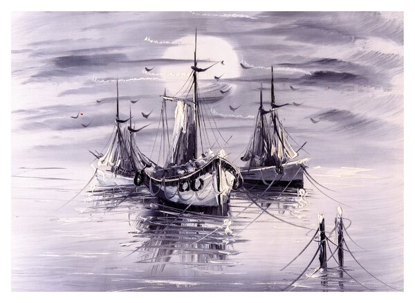 Kép - kikötő, olajfestmény (üvegen) (70x50 cm)