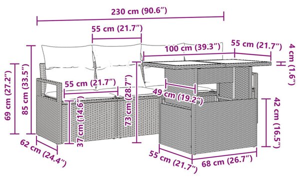 VidaXL Kerti Kanapé Szett tárolóval párnával 5 pcs Szürke polirattan