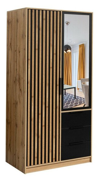 Gardróbszekrény Collis III, Laminált forgácslap, 200x100x58cm, Wotan tölgy, Fekete