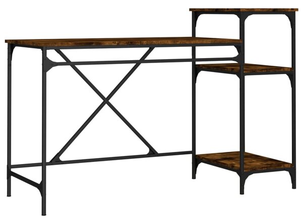 Füstös tölgy szerelt fa és vas íróasztal polcokkal 135x50x90 cm