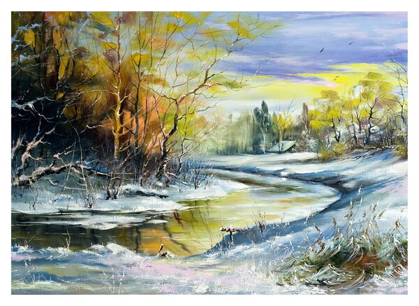 Egy téli folyó képe, olajfestmény (üvegen) (70x50 cm)