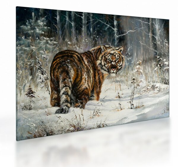 Kép - tigris a havas erdőben, olajfestmény (üvegen) (70x50 cm)