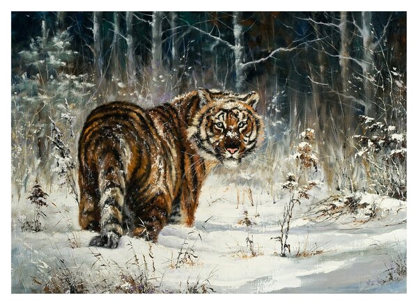 Kép - tigris a havas erdőben, olajfestmény (üvegen) (70x50 cm)