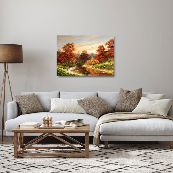 Kép egy folyóról egy őszi tájban, olajfestmény (üvegen) (70x50 cm)