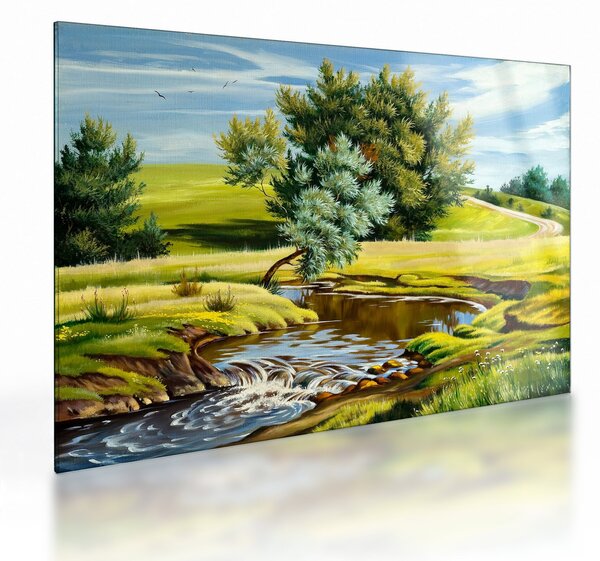 Kép - folyó a rétek között,, olajfestmény (üvegen) (70x50 cm)