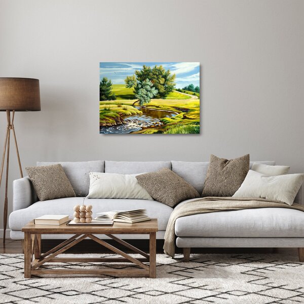 Kép - folyó a rétek között,, olajfestmény (üvegen) (70x50 cm)