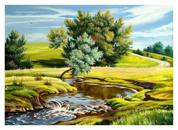 Kép - folyó a rétek között,, olajfestmény (üvegen) (70x50 cm)