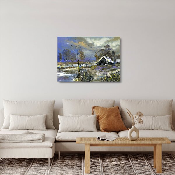 Téli tájon lévő házikó képe, olajfestmény (üvegen) (70x50 cm)