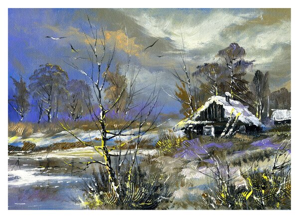 Téli tájon lévő házikó képe, olajfestmény (üvegen) (70x50 cm)