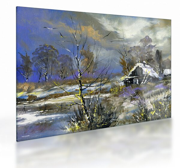 Téli tájon lévő házikó képe, olajfestmény (üvegen) (70x50 cm)