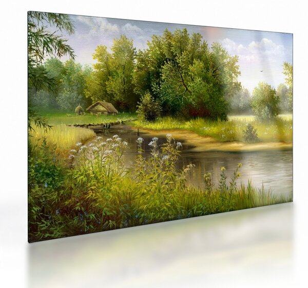 Kép - folyó az erdőnél, olajfestmény (üvegen) (70x50 cm)