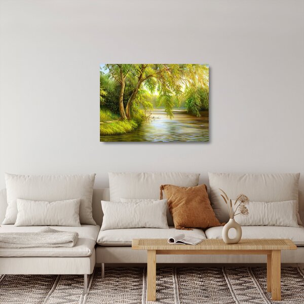 Kép - fűzfa a tó mellett, olajfestmény (üvegen) (70x50 cm)