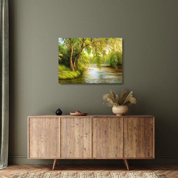 Kép - fűzfa a tó mellett, olajfestmény (üvegen) (70x50 cm)