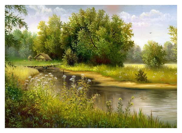 Kép - folyó az erdőnél, olajfestmény (üvegen) (70x50 cm)