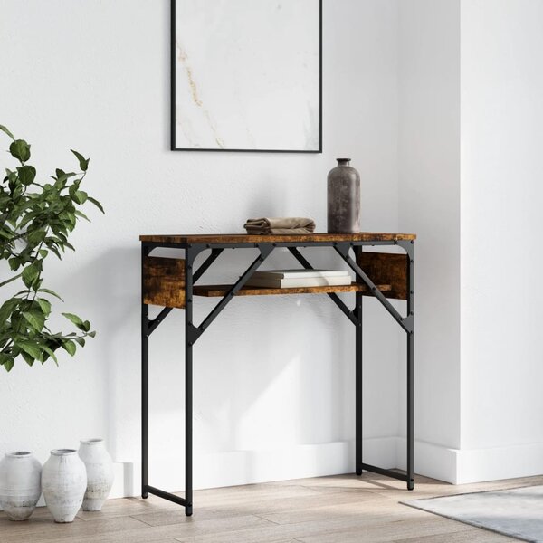 Füstös tölgy színű szerelt fa tálalóasztal polccal 75x30x75 cm