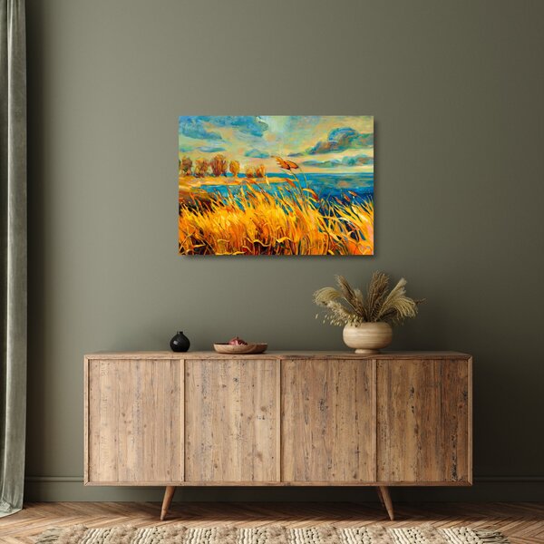 Kép - naplemente a tó felett, akril festmény (üvegen) (70x50 cm)