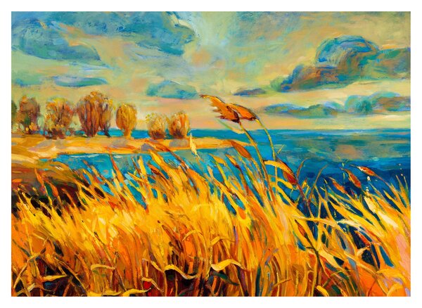 Kép - naplemente a tó felett, akril festmény (üvegen) (70x50 cm)