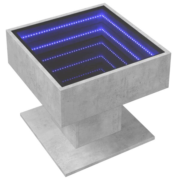 Betonszürke szerelt fa dohányzóasztal LED-del 50 x 50 x 45 cm