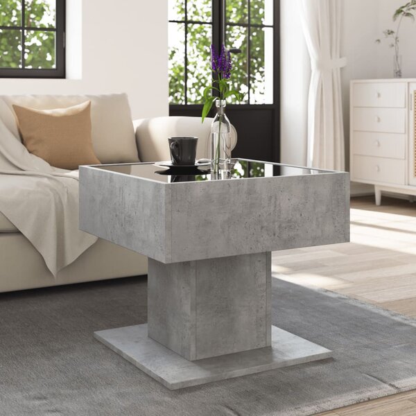 Betonszürke szerelt fa dohányzóasztal LED-del 50 x 50 x 45 cm