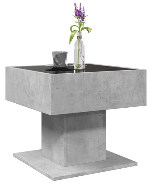 Betonszürke szerelt fa dohányzóasztal LED-del 50 x 50 x 45 cm
