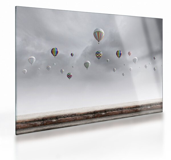 Kép - léggömbök egy téglafal felett (üvegen) (70x50 cm)