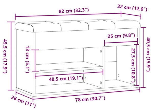 Kézműves tölgy szerelt fa cipőtároló pad 82x32x45,5 cm