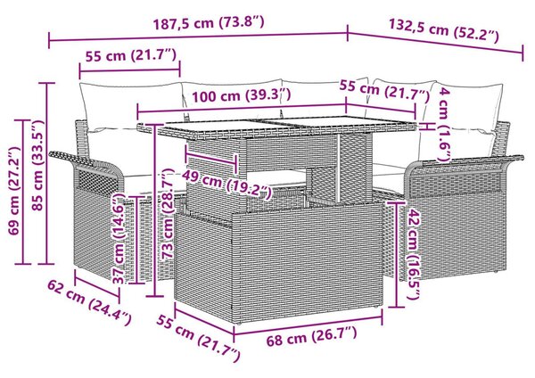 Kerti Kanapé Szett 5 db Világosszürke [Műanyag]: Poly Rattan