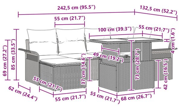 Kerti Kanapé Szett párnával tárolóval 7 pcs Bézs Poli rattan