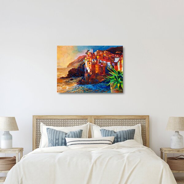 Kép - Falu Cinque Terre partján, az olasz riviérán, modern impresszionizmus (üvegen) (70x50 cm)