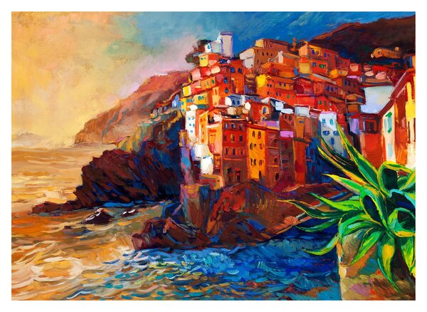 Kép - Falu Cinque Terre partján, az olasz riviérán, modern impresszionizmus (üvegen) (70x50 cm)