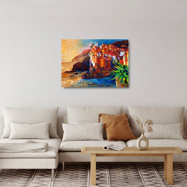 Kép - Falu Cinque Terre partján, az olasz riviérán, modern impresszionizmus (üvegen) (70x50 cm)