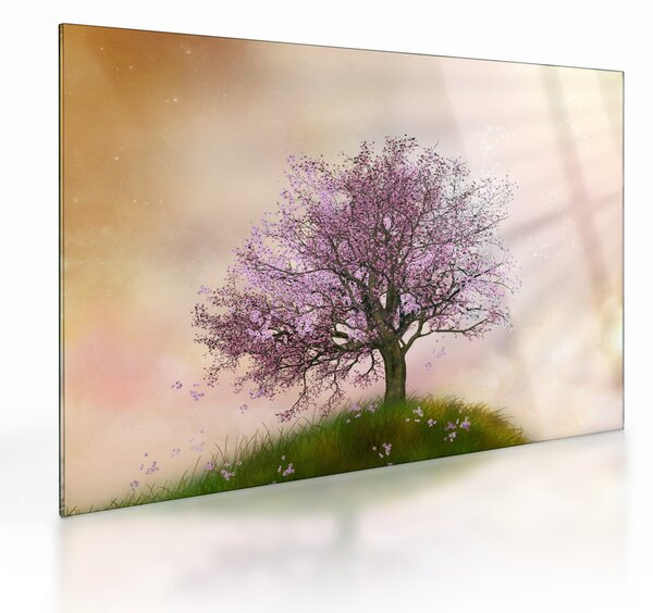 Virágzó fa képe egy domb tetején (üvegen) (70x50 cm)