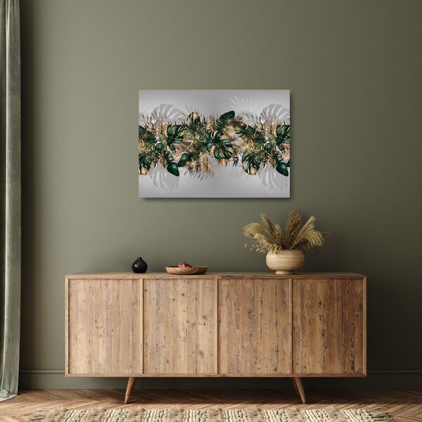 Kép - Gold-green, trópusi levelek (üvegen) (70x50 cm)