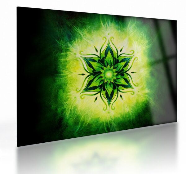 Kép - Virág mandala zöld háttérrel (üvegen) (70x50 cm)