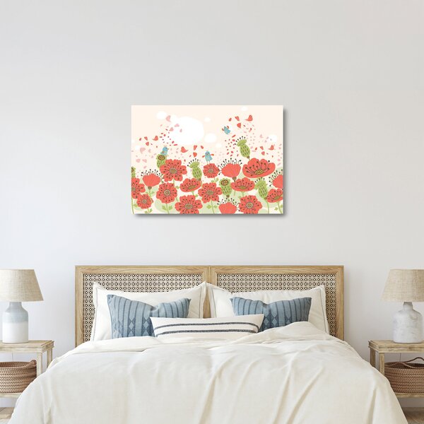 Kép - Madarak egy virágzó réten (üvegen) (70x50 cm)