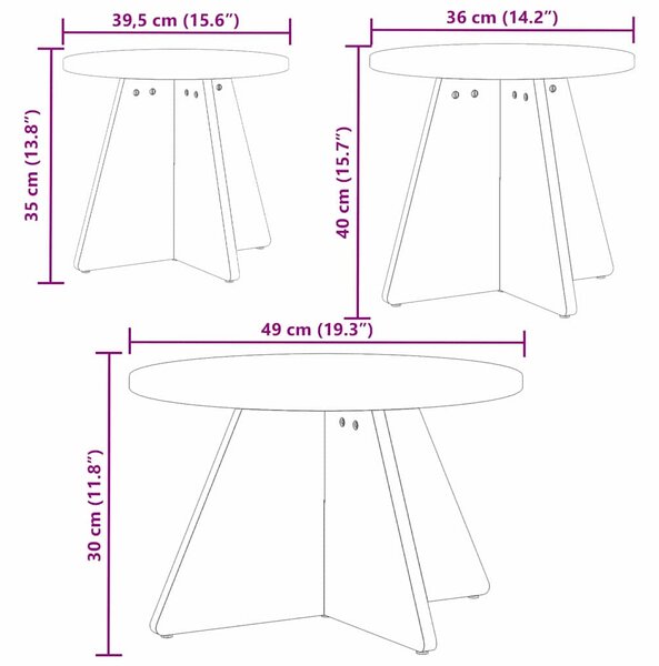 Dohányzóasztal 3 pcs Fehér 49 x 49 x 30 cm Tömör fenyőfa