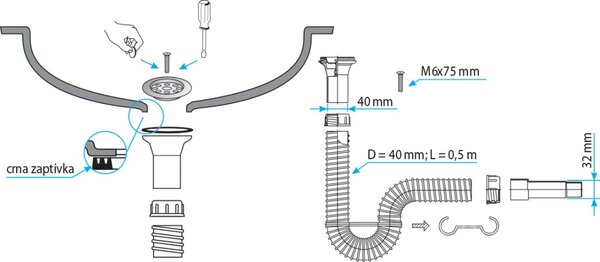 TEXO mosogató szifon flexibilis csővel - Ø 1" x 0,5 m x Ø 40/32 mm