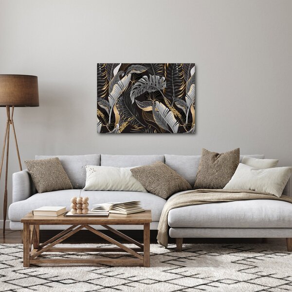 Kép - Trópusi levelek fekete és arany színben (70x50 cm)