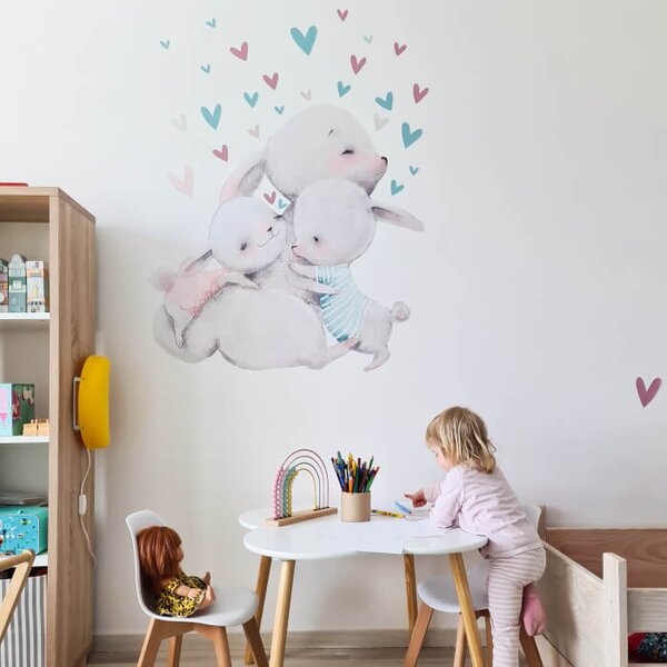 INSPIO - átragasztható textil matrica - Nyuszi család matrica szívecskékkel