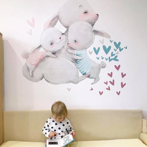 INSPIO - átragasztható textil matrica - Nyuszi család matrica szívecskékkel
