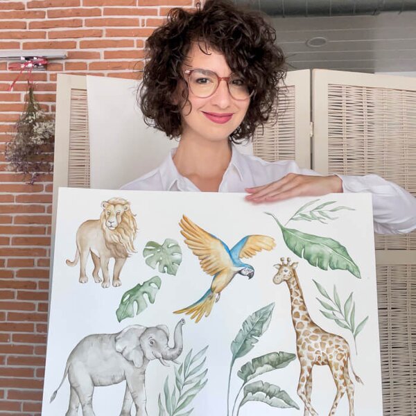 INSPIO - átragasztható textil matrica - Fali matrica - Elefánt és zebra a SZAFARI-ból