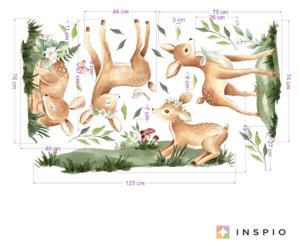 INSPIO - átragasztható textil matrica - Játékos őzikék - Akvarell falmatrica