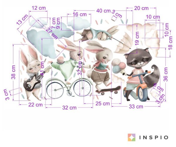 INSPIO - átragasztható textil matrica - Falmatricák - Kiránduló akvarell nyuszik