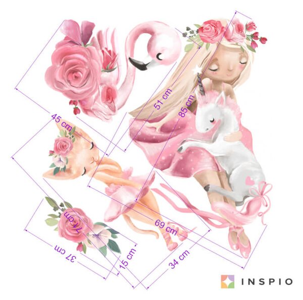 INSPIO - átragasztható textil matrica - Falmatrica - Balerina és egyszarvú