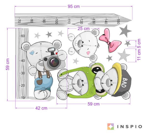 INSPIO - átragasztható textil matrica - Fali magasságmérő - Mackós
