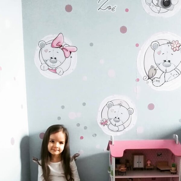 INSPIO - átragasztható textil matrica - Rózsaszín falmatrica maci névvel